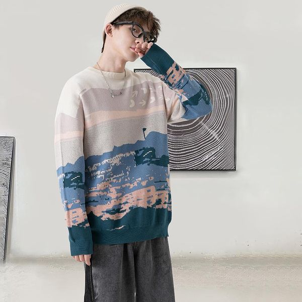

men's sweaters men pullover winter vintage abstract pattern printing sweater o-neck harajuku style street fashion, White;black