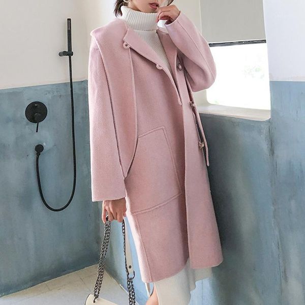 

spring women high end handmade pink long hooded woolen coat single breasted loose plus size 90% wool overcoat jacket women's & blends, Black