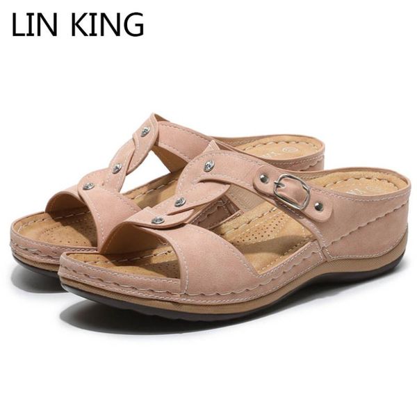 

slippers lin king design women cross tie wedges summer shoes concise buckle ladies slides non slip outdoor big size 43, Black