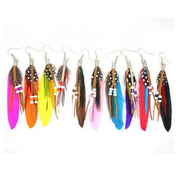 

dangle & chandelier 1pair summer colorful tassel dangling earrings feather leather beads feathers womens fashion jewelry, Silver
