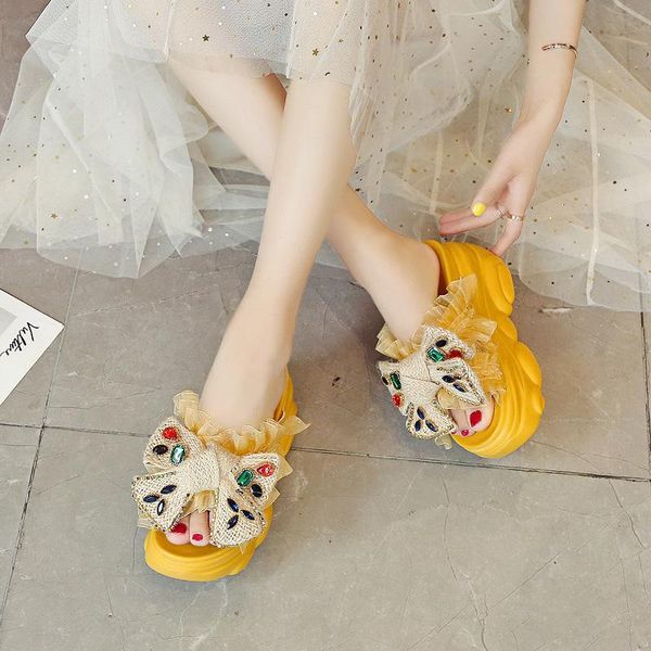 

slippers thick bottom crystal platform shoes bow sandals women loafers female flats 9cm heels slip on ladies, Black