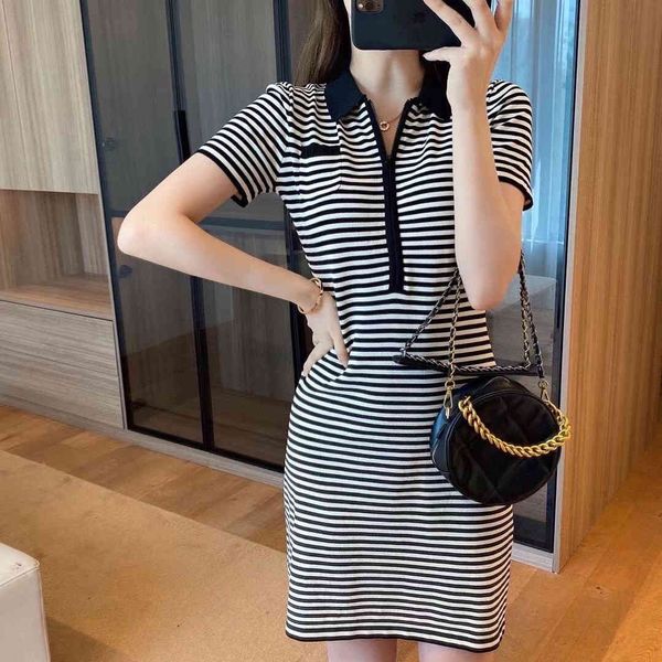 

fashionable celebrity temperament ~ wear a small waist, slim thin, black and white striped polo neck knitted dress, female, Black;gray