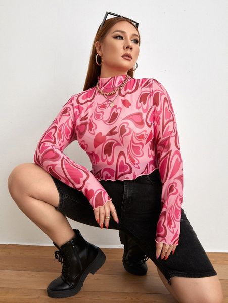 

plus heart print lettuce trim mesh j0ss#, Black