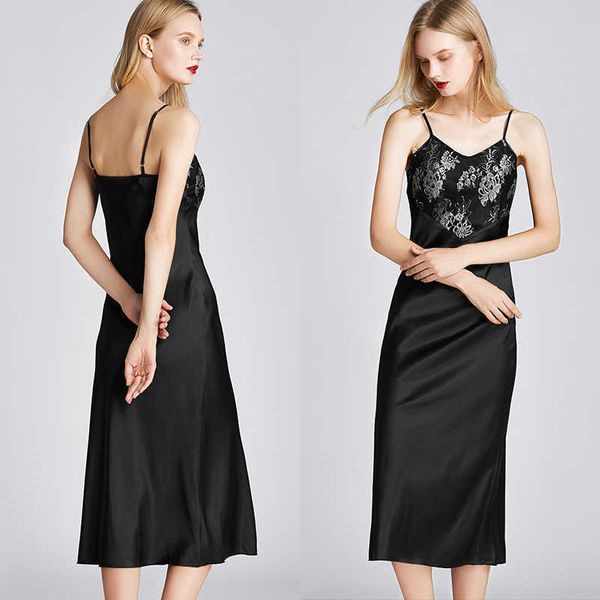 

ice silk pajamas summer silk thin suspender nightdress women's summer embroidered medium length dress housewear 1640 nightdress, Black;red