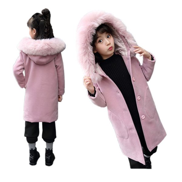 

girl wool coat elegant fur hooded jacket overcoat for 3-12years girls kids children winter coat jacket clothing, Blue;gray