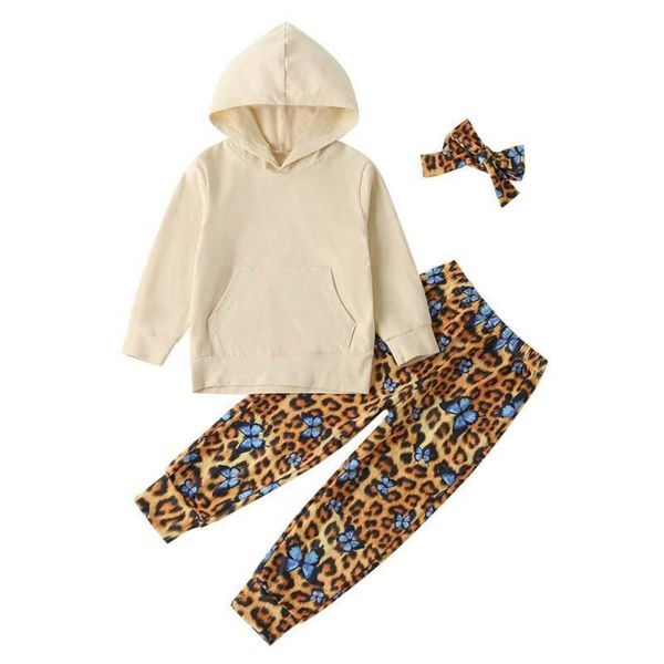 

clothing sets 3pcs set kids girls clothes leopard print hoodies pullover and pants with headband autumn baby, White