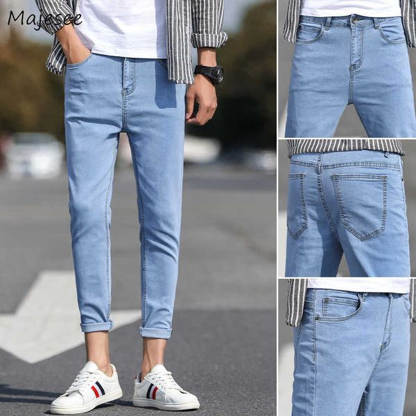 

men ankle-length pencil jeans simple denim trendy cool males cowboy trousers slim teenager all-match korean spring street wear x0621, Blue