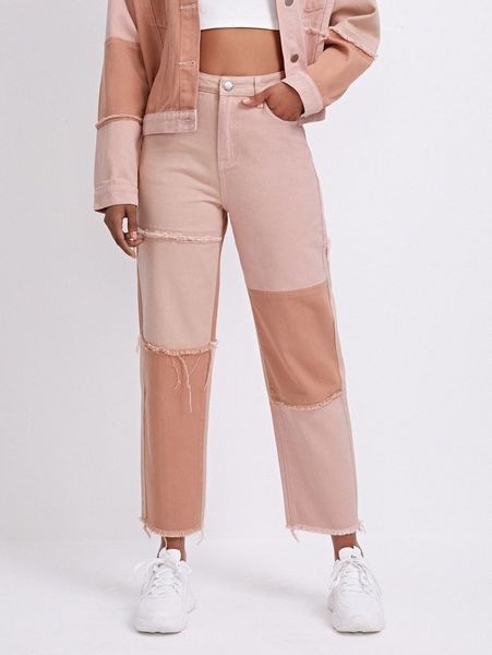 

high waist spliced raw hem jeans 48vk#, Blue