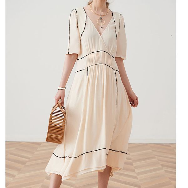 

dress autumn women 2021 summer v-neck short sleeve beige midi gif4, Black;gray