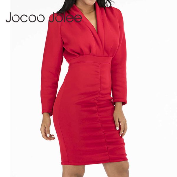 Joloo jolee escritório senhora joelho-comprimento pancil vestido elegante manga comprida v pescoço bodycon vestido casual envoltório sólido vestido moda 210619