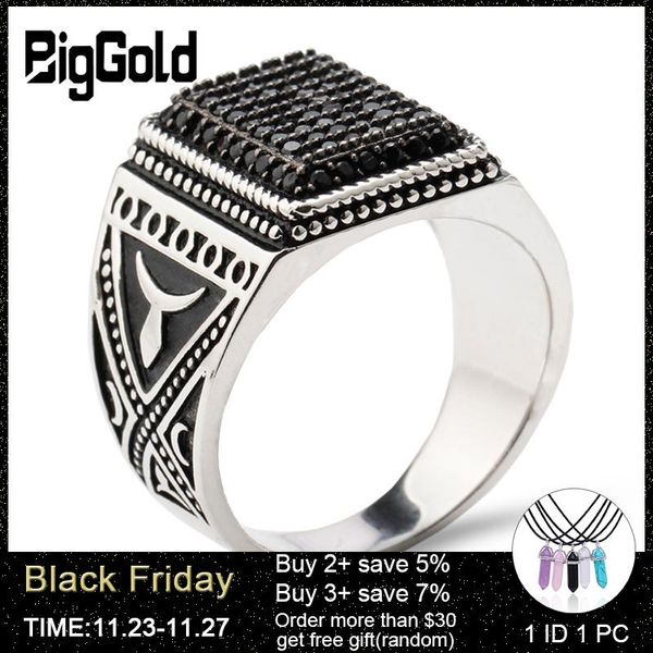 

cluster rings 925 sterling silver men ring signet vintage rilver for black stone zircon antique fine jewelry, Golden;silver