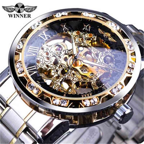 

t-winner hollow belt drill men's manual mechanical watch casual waterproof steel watch, Slivery;brown