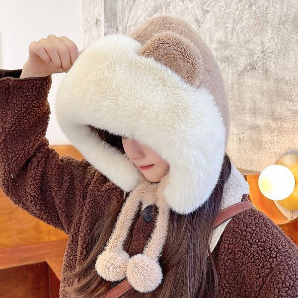

berets multicolor double fur ball hat women fleece thickened cute warm bear ears hats skin-friendly comfortable headdress diy pom poms, Blue;gray