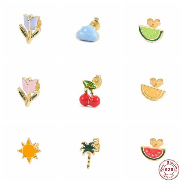 

stud aide 1pc 925 sterling silver earrings cute enamel rose cherry piercing women fine jewelry cartilage aretes, Golden;silver