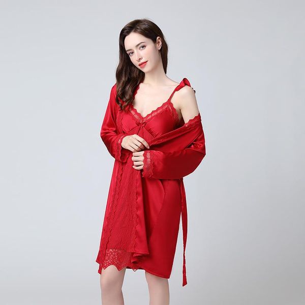 

women's sleepwear autumn lace silk satin sleep robe set home clothes soft elegant nightgown daily casual lounge dress gown negligee, Black;red