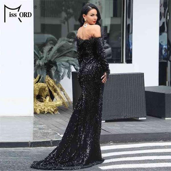 

missord 2021 off shoulder feather long sleeve sequin floor length evening party maxi reflective dress vestdios ft19005, Black;gray