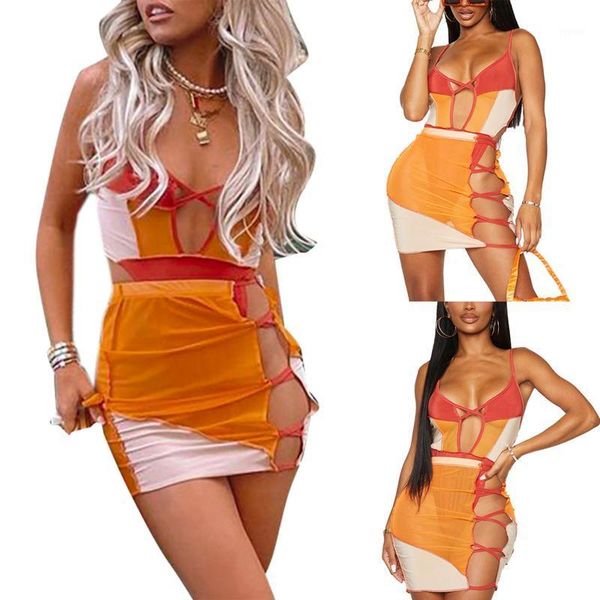 

women's swimwear 2 pcs women color block outfits adults hollow-out v-neck spaghetti strap bodysuit + see-through skirt, White;black