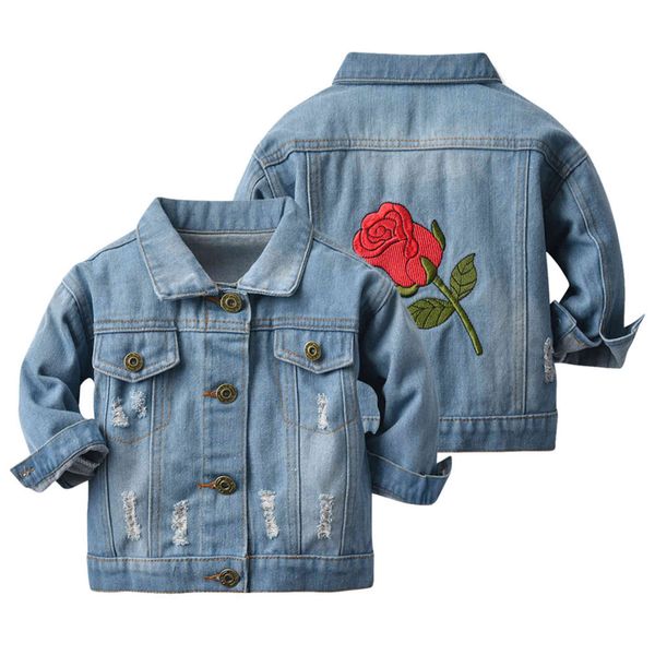 

children's jeans rose embroidery fashionable single breasted lapel jacket children's wear girl's coat, Blue;gray