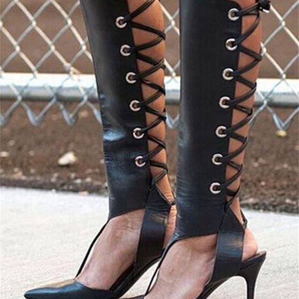 

boots t-staps women tips from toe knee to cane high style entgarlic ladies sandaly booster lace up come back duz3, Black