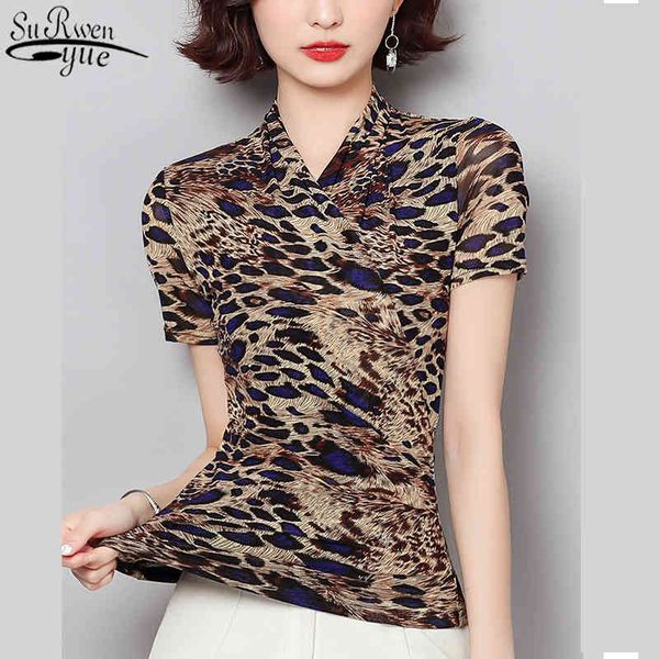 

summer mesh elastic short sleeve woman's blouses office lady printed v neck blouse women slim shirt 10362 210427, White