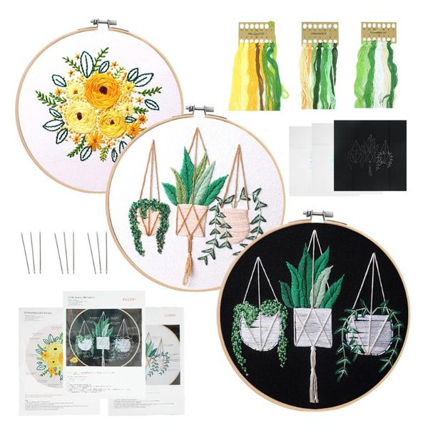

other arts and crafts 3pcs/set diy stamped embroidery starter kit with flowers plants pattern cloth color threads tools bamboo hoop