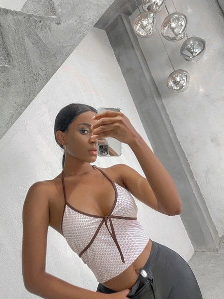 

sxy allover letter graphic contrast binding halter z71m#, White
