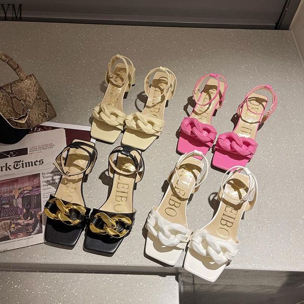 

sandals 4 colours summer women's high heel fashion square toe metal chain strap outdoor buckle sandalias femeni, Black