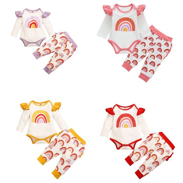 

girl rainbow printed 2pcs romper set, long sleeve triangle with ruffled waist elastic pants spring autumn clothing sets, White