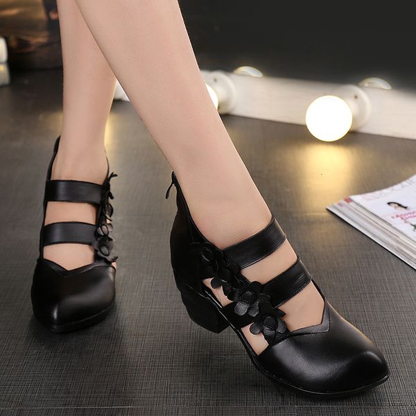 

sandals ethnicstyle flower small point genuine leather chunky-heel women's high heel cross straps gladiator ivor, Black