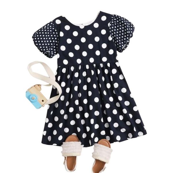 

girl's dresses summer girls long dress polka dot print crew neck short flare sleeve ruffle kids casual, Red;yellow