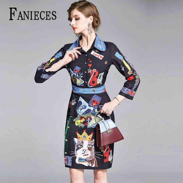 

fashion runway summer dress women's long sleeve letter pattern printed midi elegat dresses vestidos de verano 210520, Black;gray