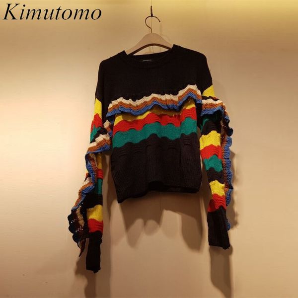 

kimutomo women sweater spring autumn korea fashion ladies o-neck ruffles contrast color panelled pullovers casual 210521, White;black