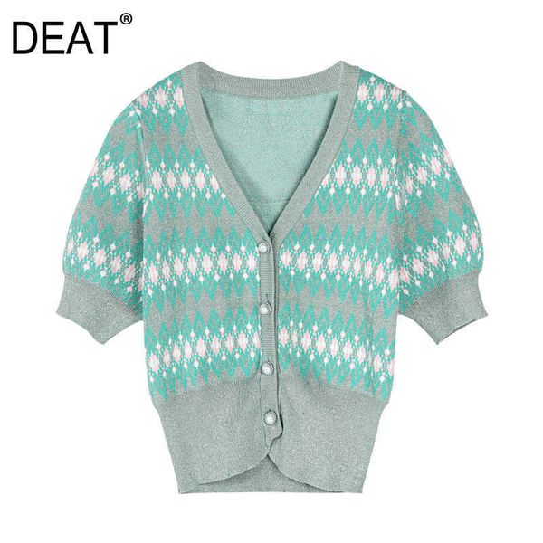 

[deat] summer fashion single-breasted printing short sleeve v-neck knitting casual women shirt 13q073 210527, White