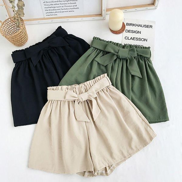 

women's shorts summer casual fashion bow beach high waist lady women solid color plus size loose wide leg short pants, White;black