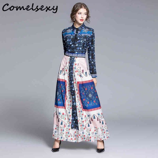 

autumn winter floral printed maxi elegant dresses women long sleeve turn-down collar high waist long dress vestidos 210515, Black;gray