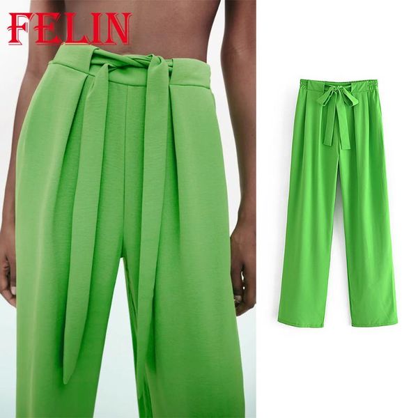 

women's pants & capris za 2021 women chic green wide leg sashes high waist elastic streetwear stylish trousers, Black;white