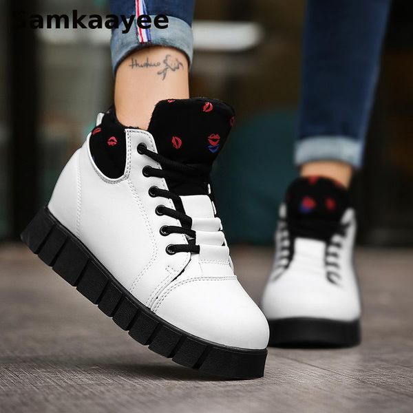 

boots size 35-40 women spring autumn female botas mujer leather shoes lip prints flats add wool lace-up ankle booties y46, Black