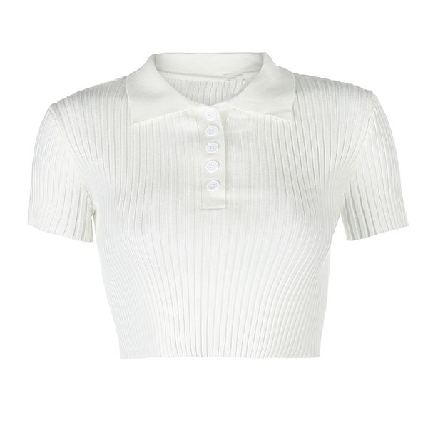 

heyoungirl ribbed casual tshirts cotton women summer short sleeve crop t shirt ladies turn-down collar solid white tee shirt
