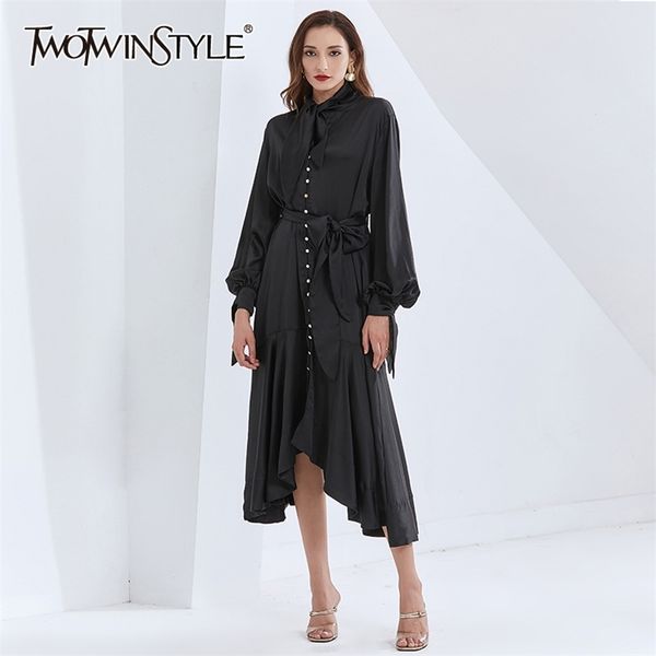 

patchwork ruffle dresses for women lace up lantern sleeve high waist with belt slimming women's vintage dress 210520, Black;gray
