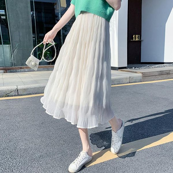 

skirts women chiffon summer casual elastic high waist pleated ladies fashion white black all-match midi skirt