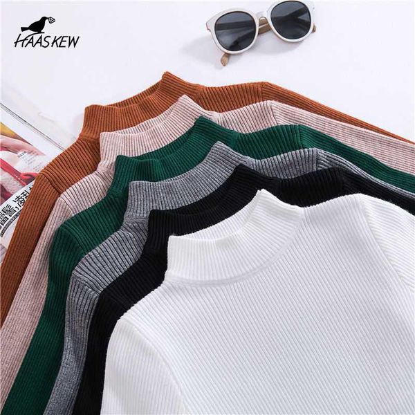 

women's sweaters haaskew autumn winter fashion high neck pullover sweater bottoming shirt long-sleeved short korean tight-fitting, White;black