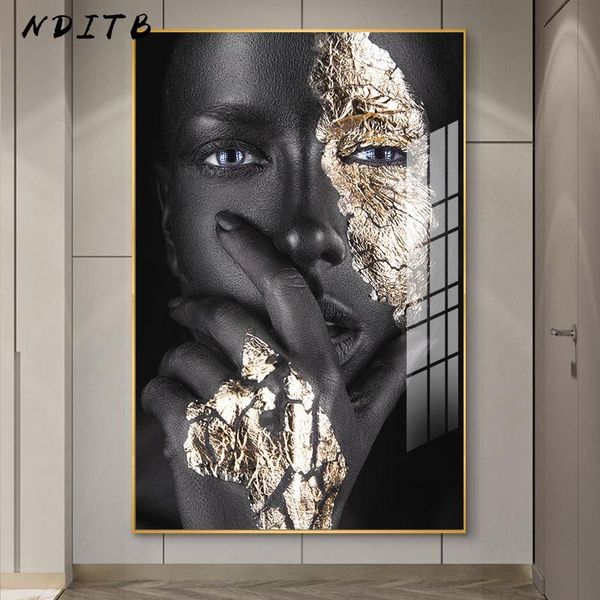 

africa golden dark skin woman abstract painting fashion beauty makeup poster canvas print wall art picture modern home decor paintings