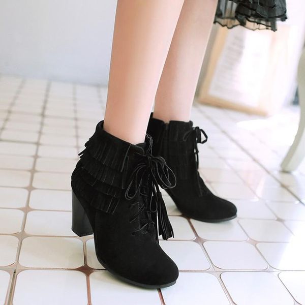 

boots big size 9 10 11 12 women shoes ankle for ladies fringe cross binding, Black