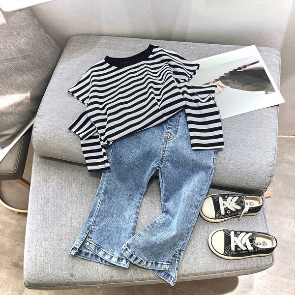 

kids 2021 autumn clothes set long sleeve tshirt +jeans 2pieces girl outfits sets children tracksuit costume, White