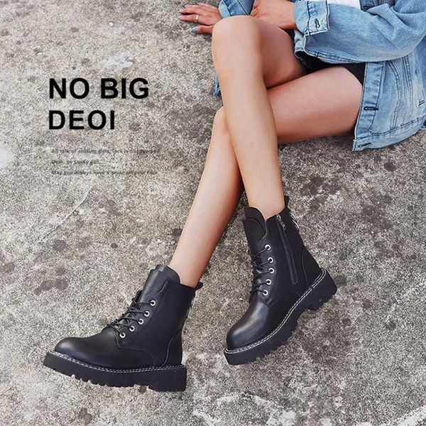 

boots sewing thread ankle women shoes pu leather flat heel straps england autumn and winter short, Black