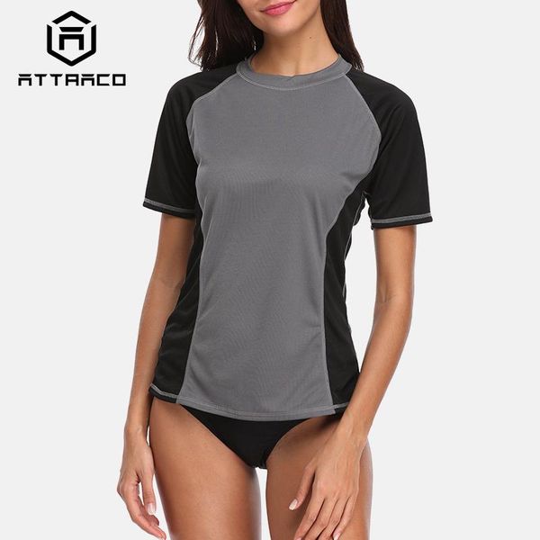 

one-piece suits attraco rashguard swimwear short sleeve women colorblock swimsuit surfing running biking shirts rash guard upf 50+