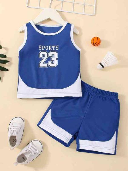 

baby letter graphic colorblock contrast binding tank & shorts she, White