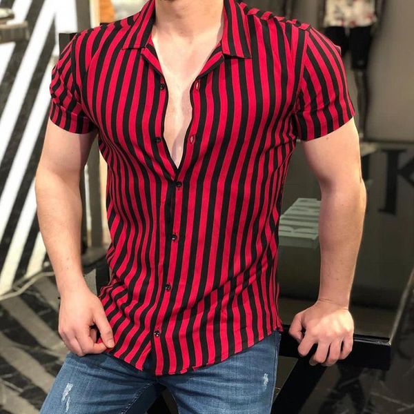 

men's casual shirts 2021 summer striped printed turn-down collar shirt men fashion short sleeve slim fit buttoned mens streetwear, White;black