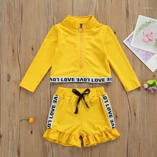 

clothing sets 2pcs kids summer tracksuit, letters print mock neck zipper pullover + ruffled shorts for girls, 18 months to 6 years, 3 colors, White