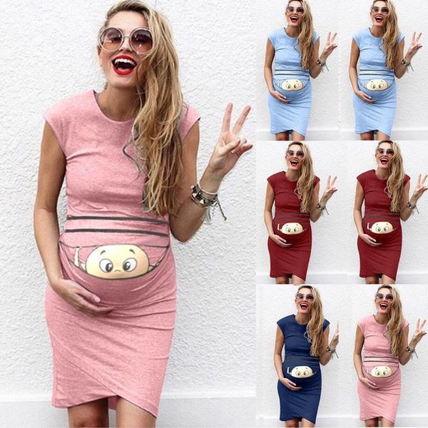 

maternity dresses clothes pregnant women baby print dress round neck sleeveless bodycon pregnancy clothing, White
